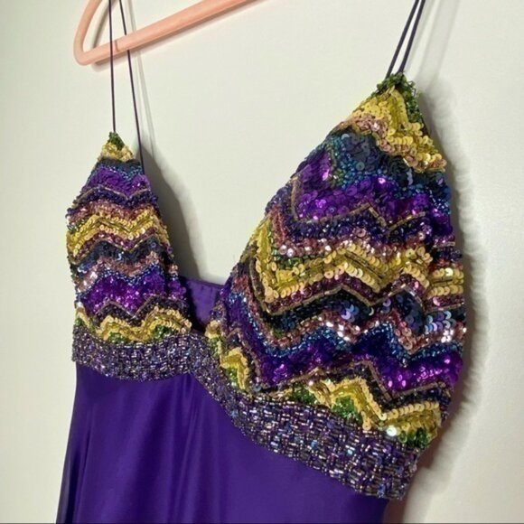 Jovani royal purple maxi prom dress with purple and yellow gem detailing EUC - Picture 3 of 7